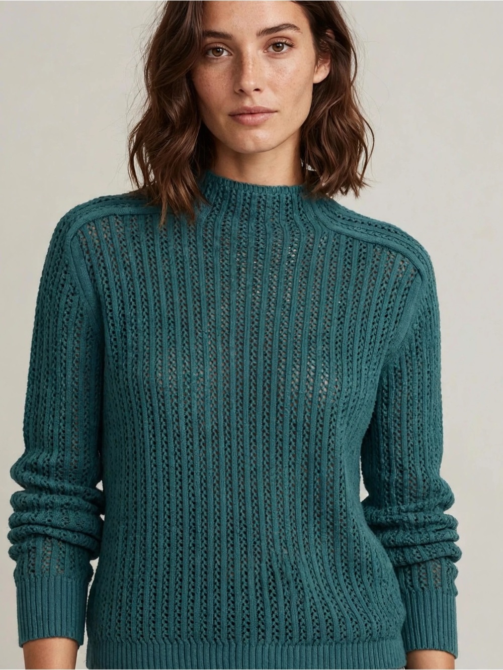 LOFT Teal Open-Knit Mock Neck Sweater
